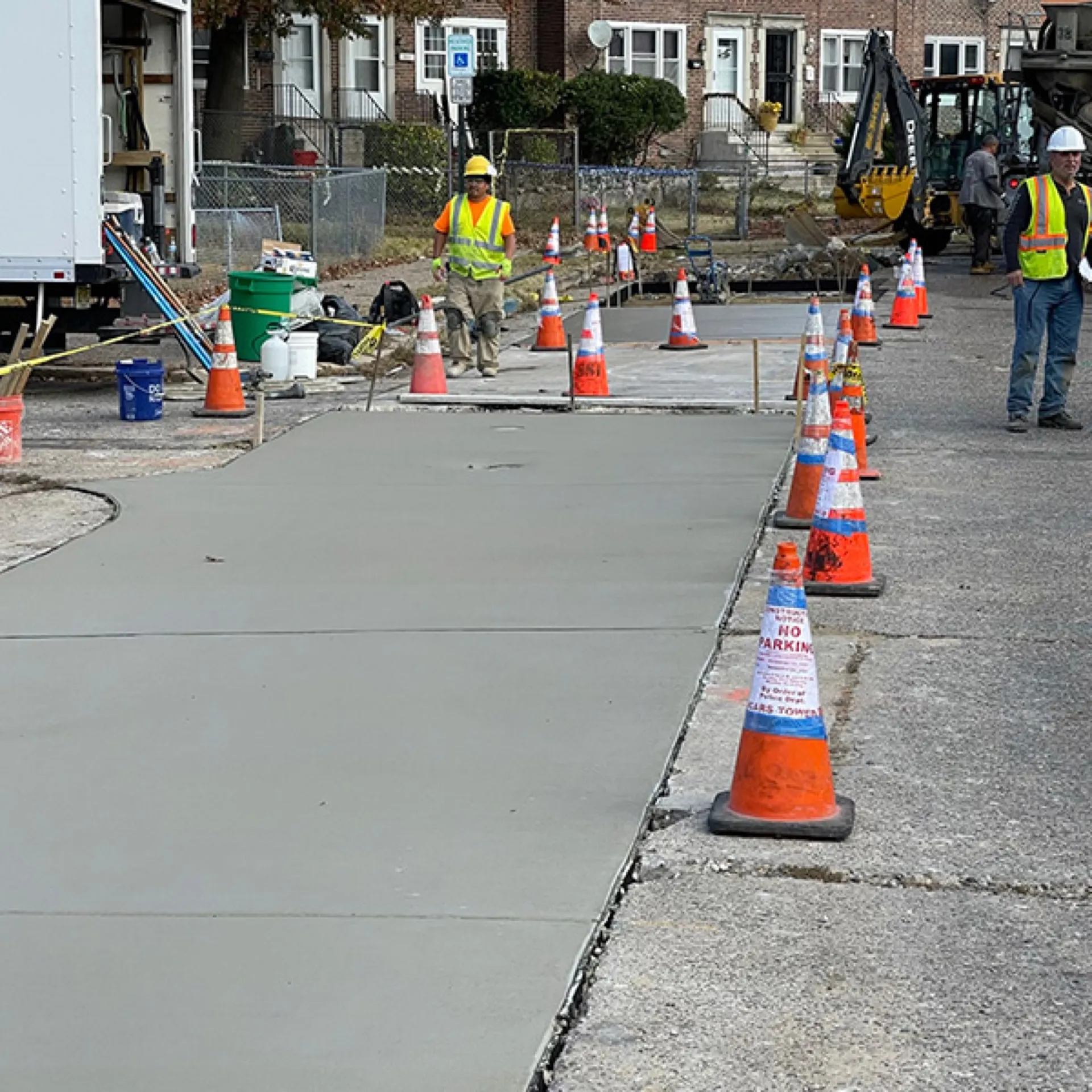 Commercial concrete road repair pour with crew and cones Cherry Hill NJ