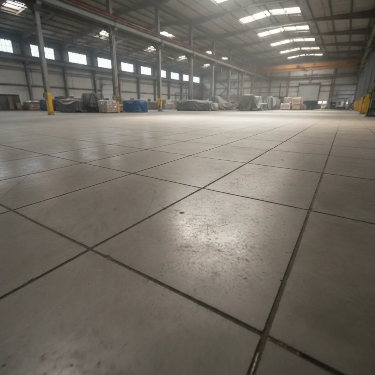 Finished interior concrete floor slab with clean saw-cut control joints inside a large open building
