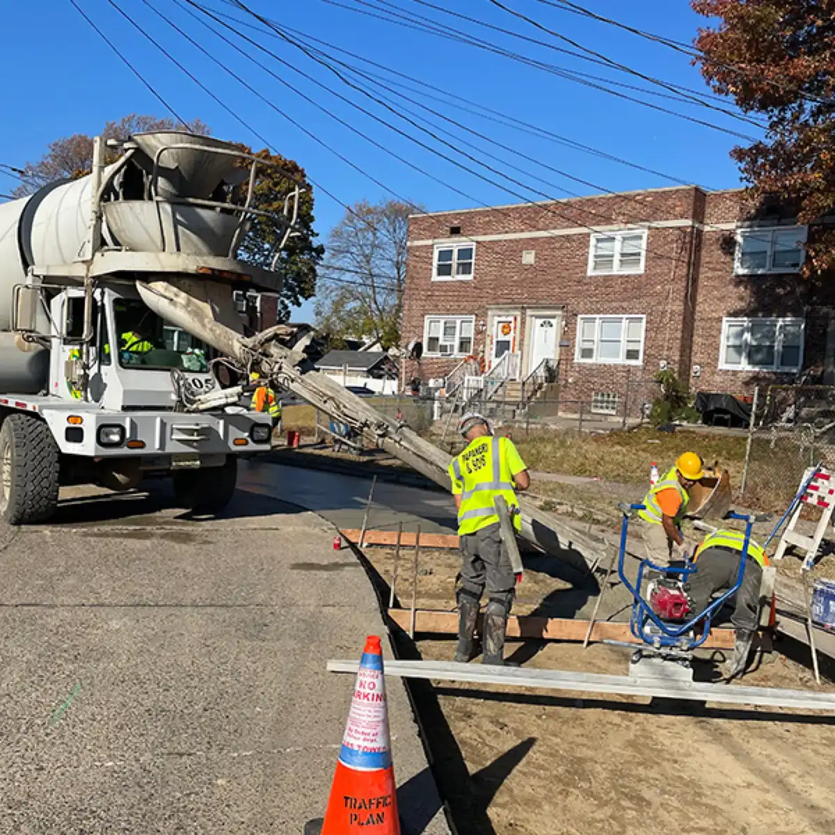 Mixer truck placing concrete pavement with the Papaneri crew in Cherry Hill, NJ