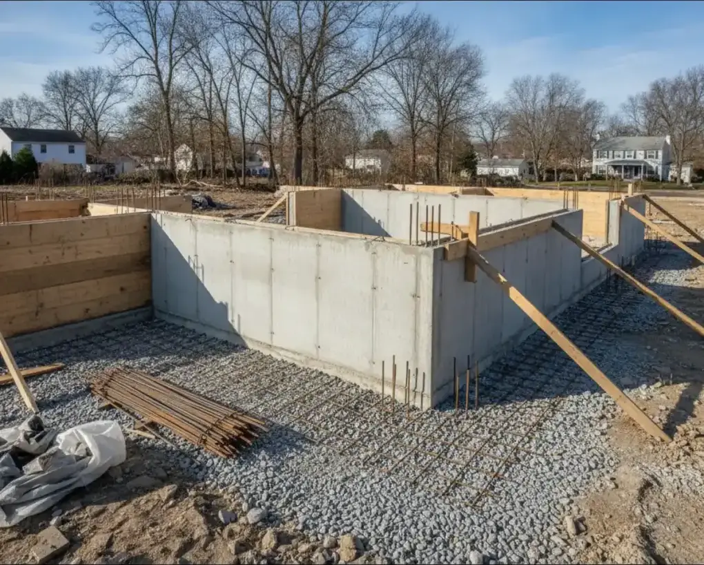 Braced concrete forms set on a poured footing at a Cherry Hill, NJ build