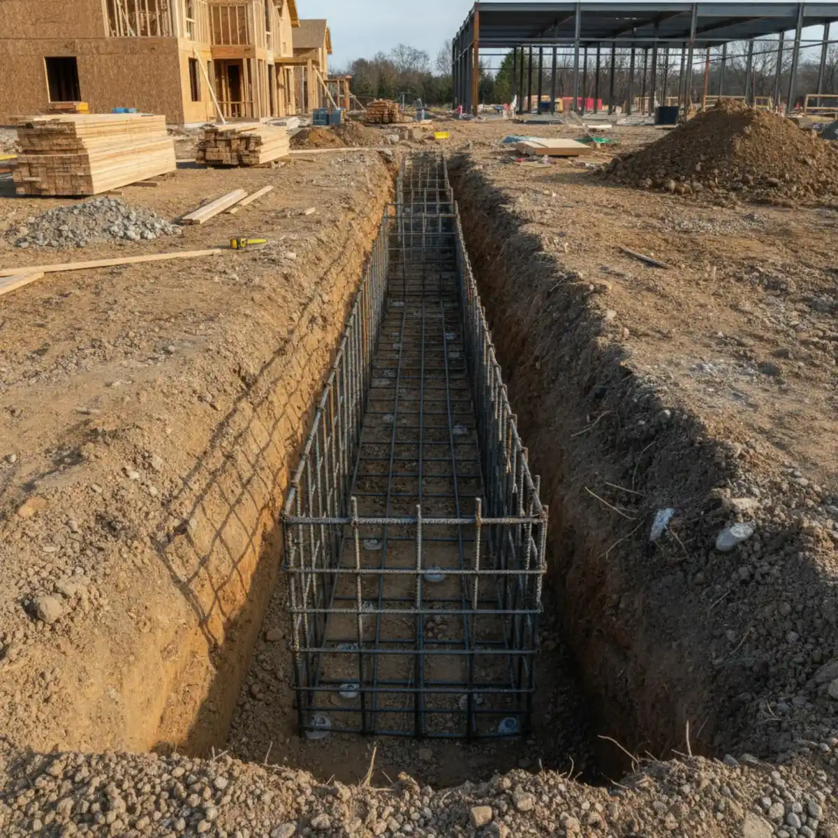 Rebar cage set in a deep footing trench before a concrete pour in Cherry Hill, NJ