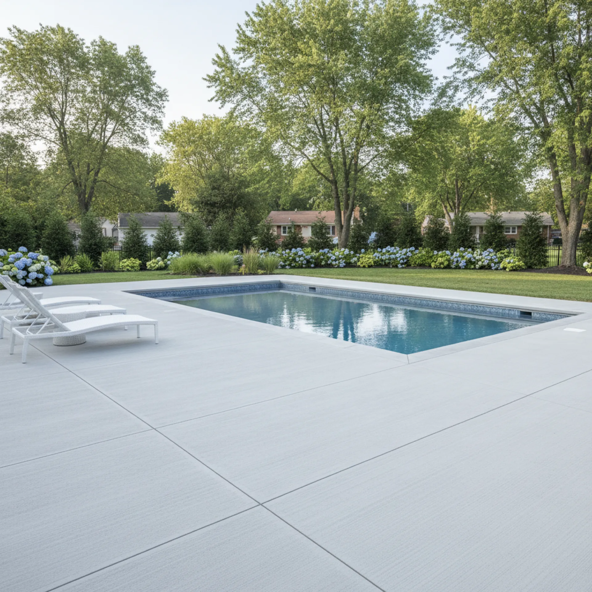 Concrete pool deck installed around residential swimming pool Cherry Hill NJ