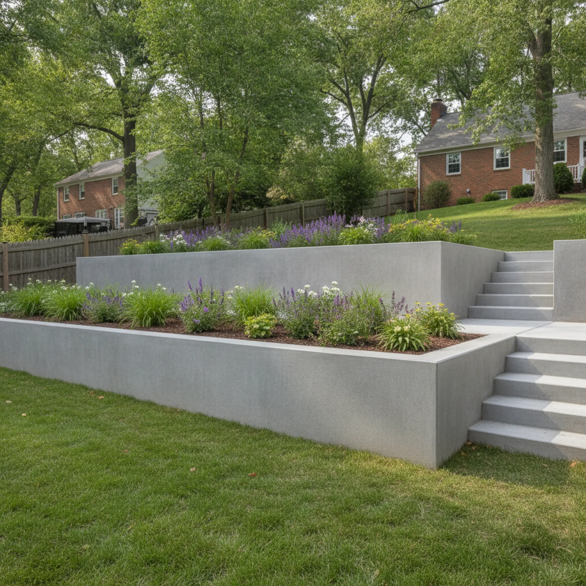 Tiered concrete retaining wall installed in residential yard Cherry Hill NJ
