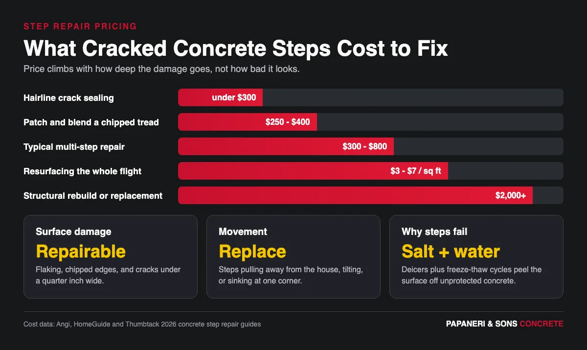 Infographic showing concrete step repair cost tiers from hairline crack sealing through full structural rebuild