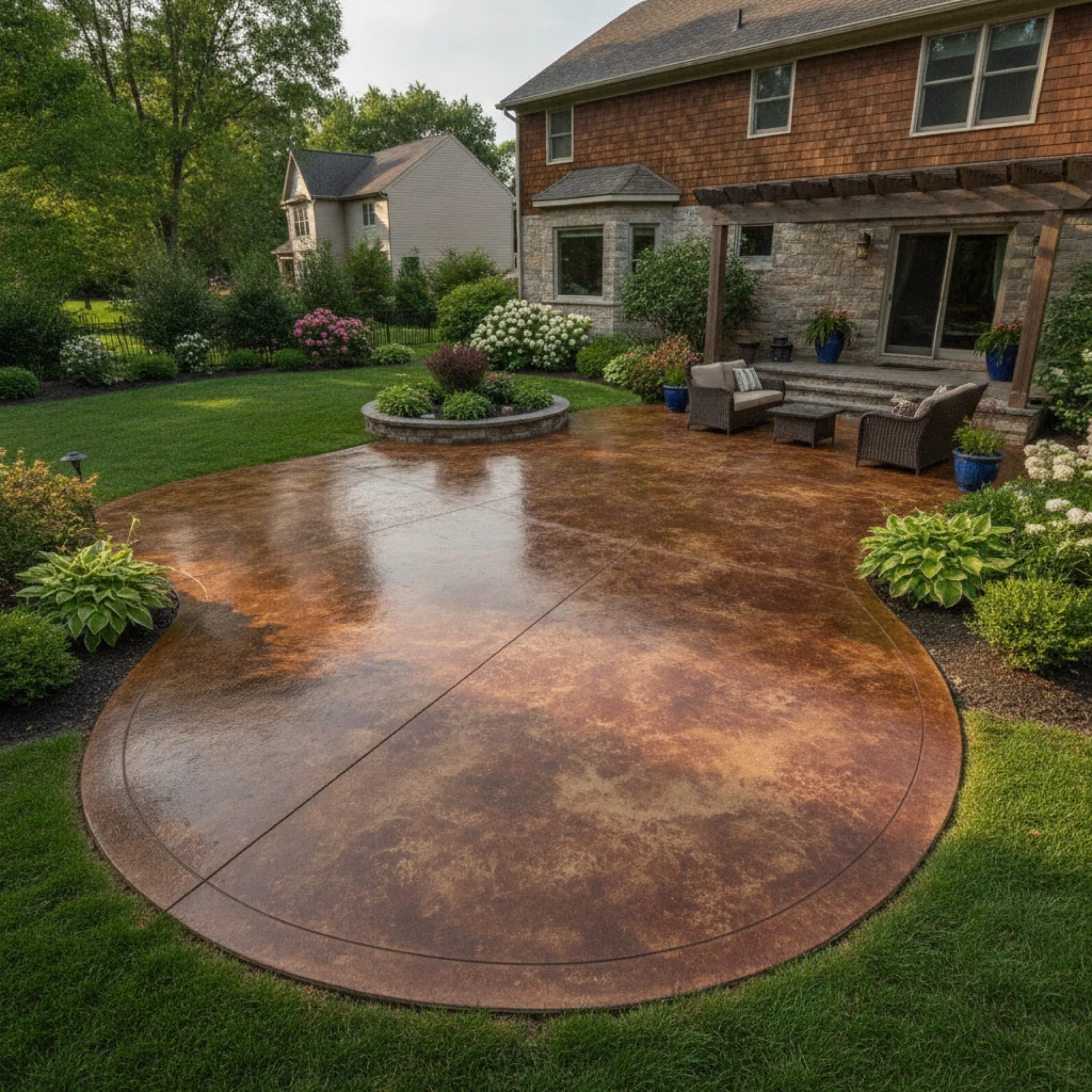 Acid-stained colored concrete patio in Cherry Hill, NJ by Papaneri & Sons